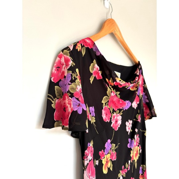 Talbots Size 8 Floral Dress Black Pink Midi Cap Sleeve Lunch Date Church Dress - Picture 4 of 15
